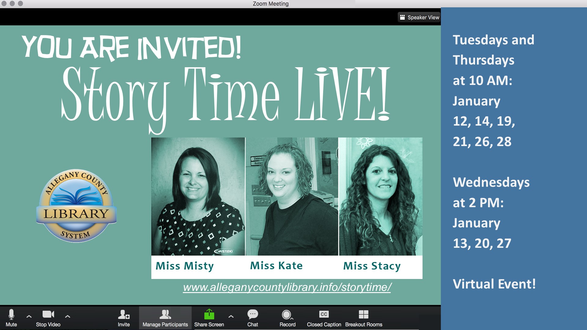 Story Time Live Image : photos of Misty, Kate, and Stacy and list of dates and times