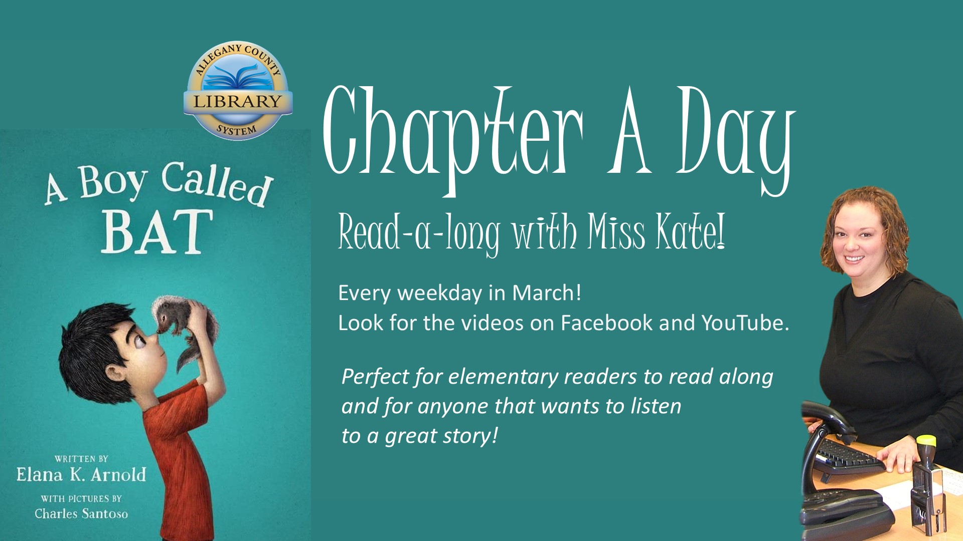 A Boy Called Bat book cover, event description and a photo of Miss Kate