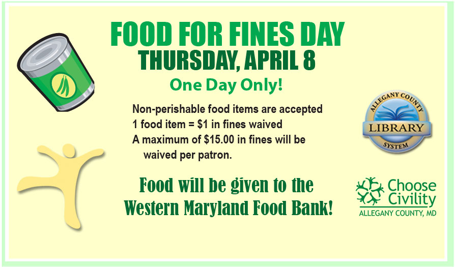 food for fines event information, clip art of a canned good, ACLS logo, Choose Civility logo