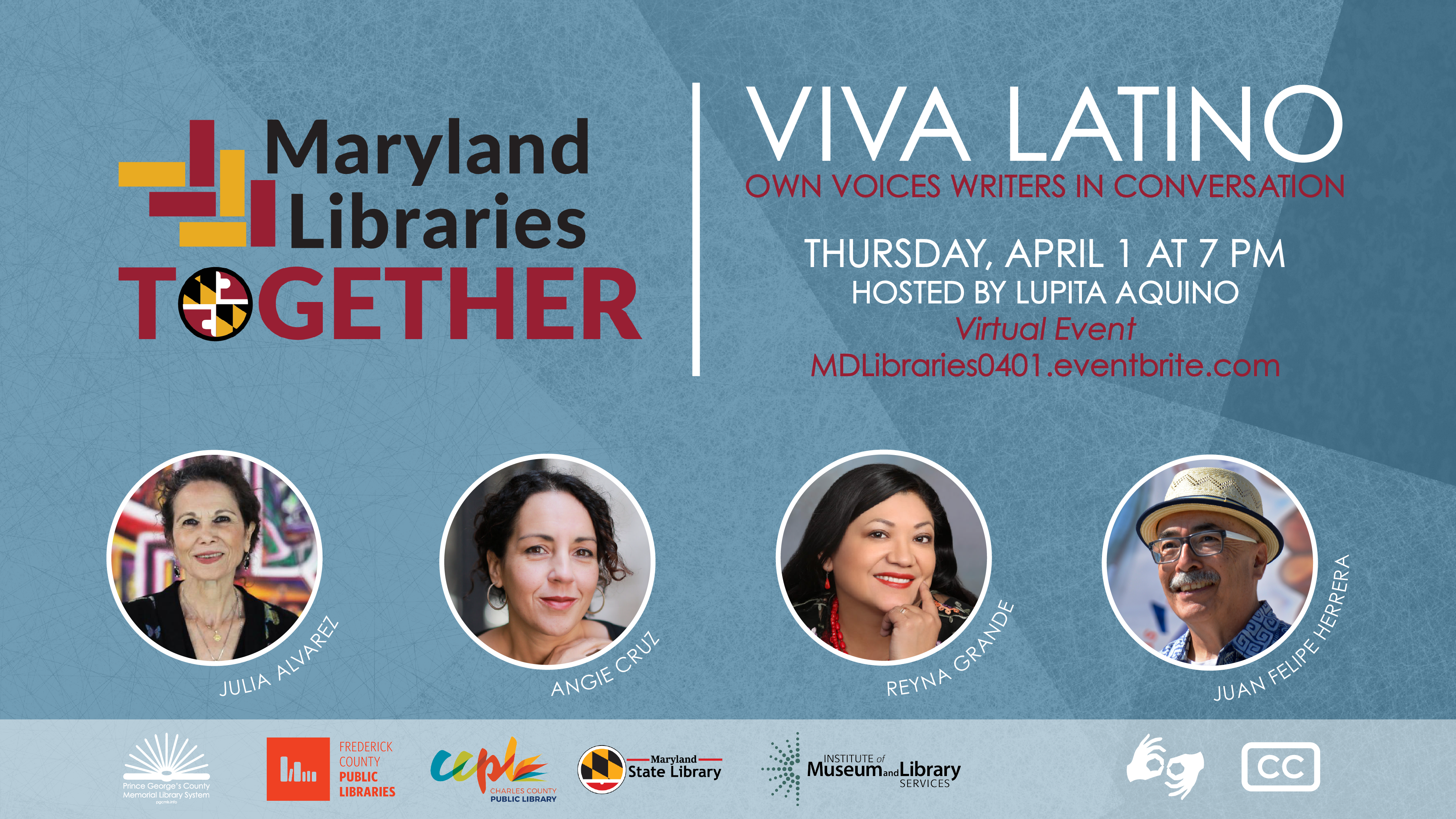 Viva Latino: Own Voices Writers in Conversation graphic.  Library logos, author headshots