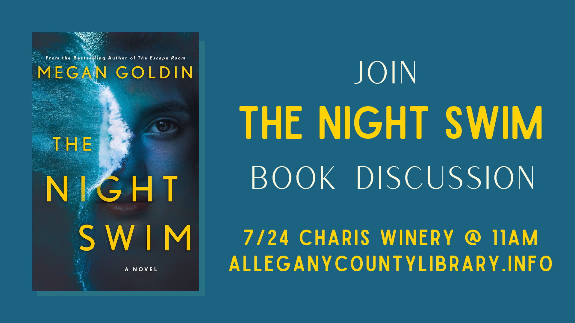 The cover of The Night Swim by Megan Goldin which has half a woman's face in blue with blue waves on the other half. Yellow text with title beside cover. 