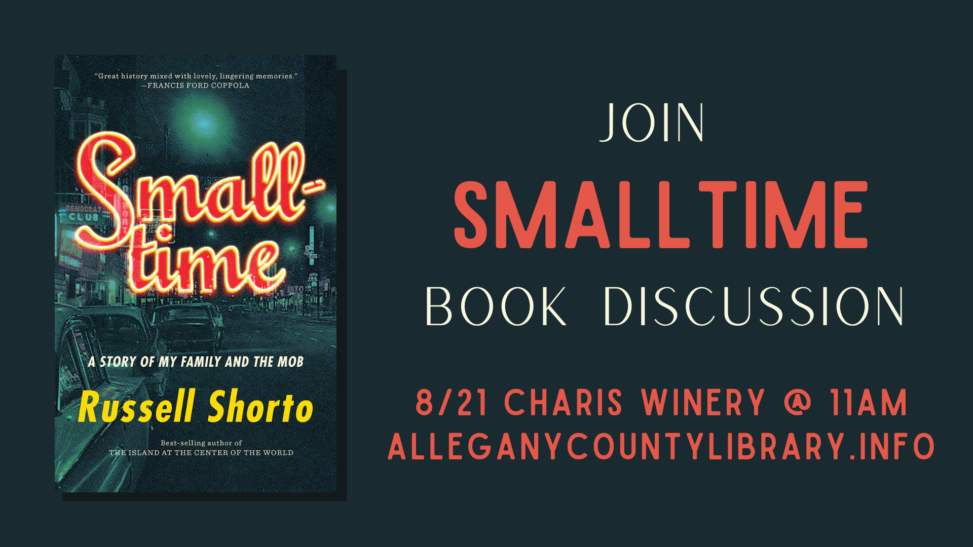 Cover for Smalltime by Russell Shorto. Blue city in background with red font for title.