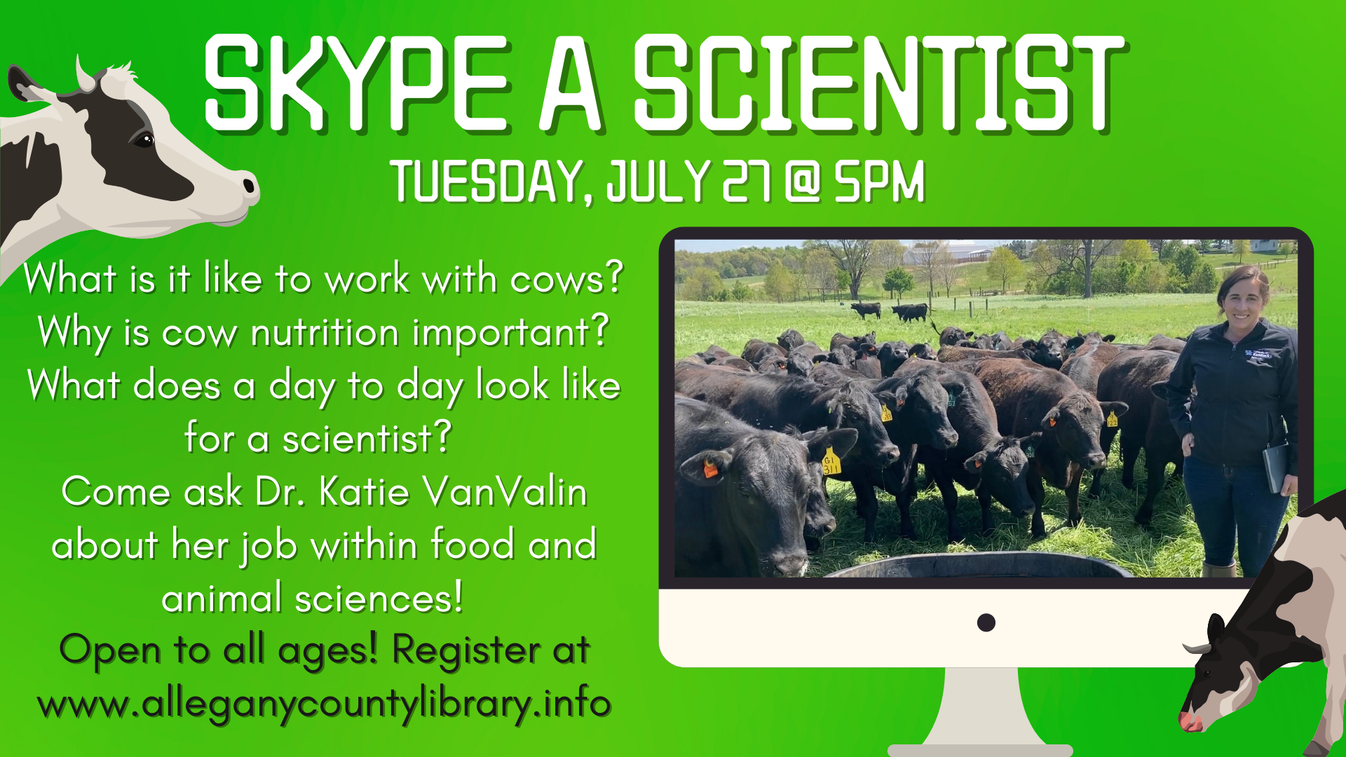 Green background with computer screen of Dr. Katie VanValin standing beside a group of black cows. 