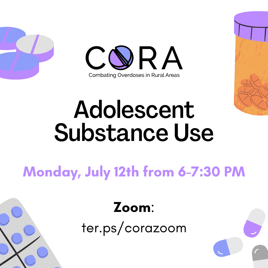 purple pills in top left corner, orange medicine bottle in top right, pills in bottom corners. CORA logo in the center.