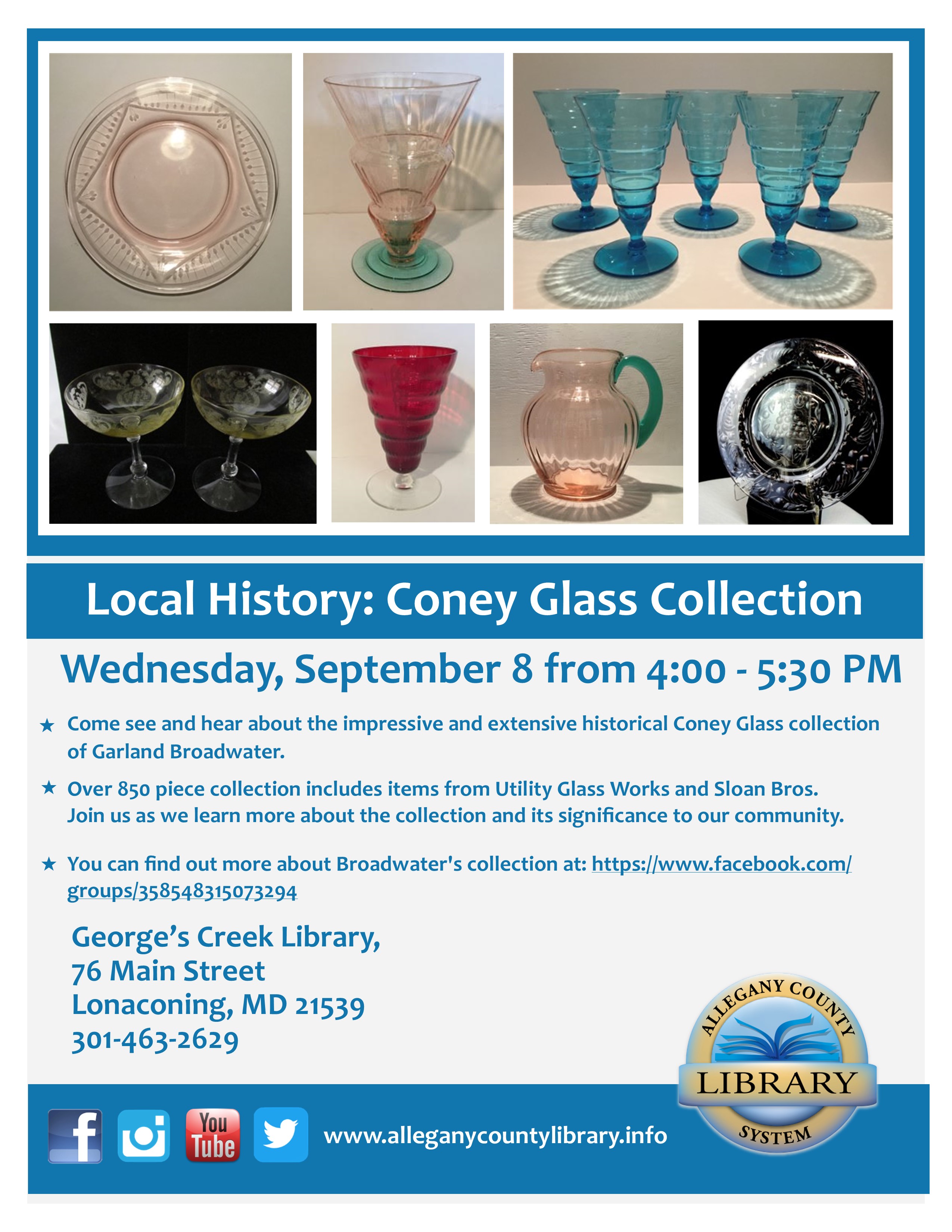 Event flyer with six photos of Coney glass