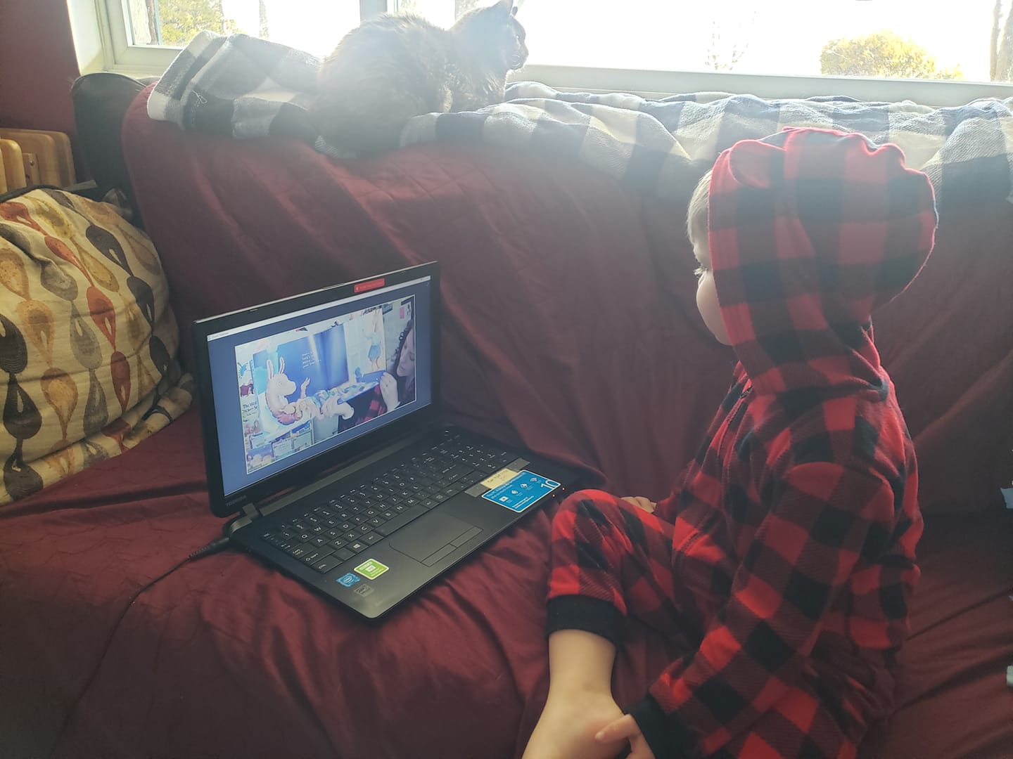 A Story Time friend watching virtual Story Time on a laptop while sitting on the couch 