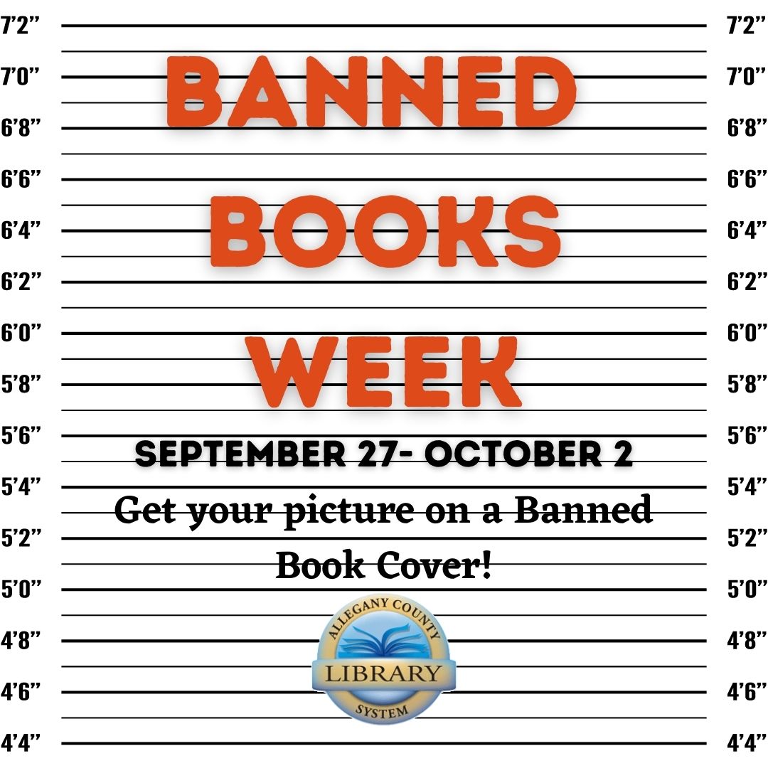 Banned Books Week graphic.  Mugshot background and ACLS logo
