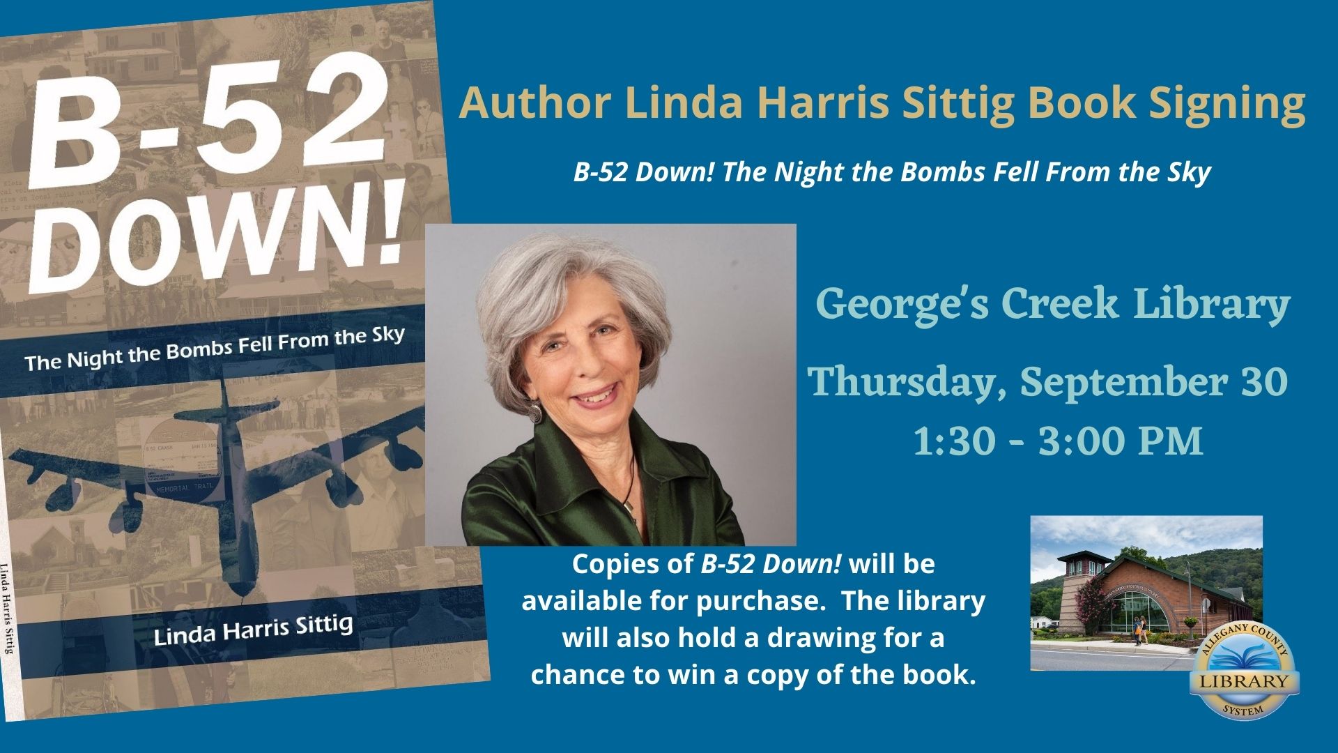 Cover of B-52 Down beside author Linda Harris Sittig. 