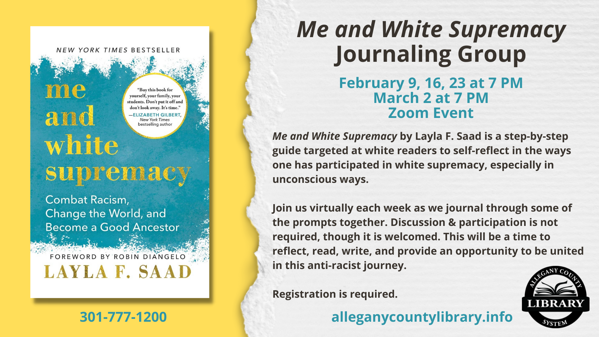 Book cover of Me and White Supremacy beside event details