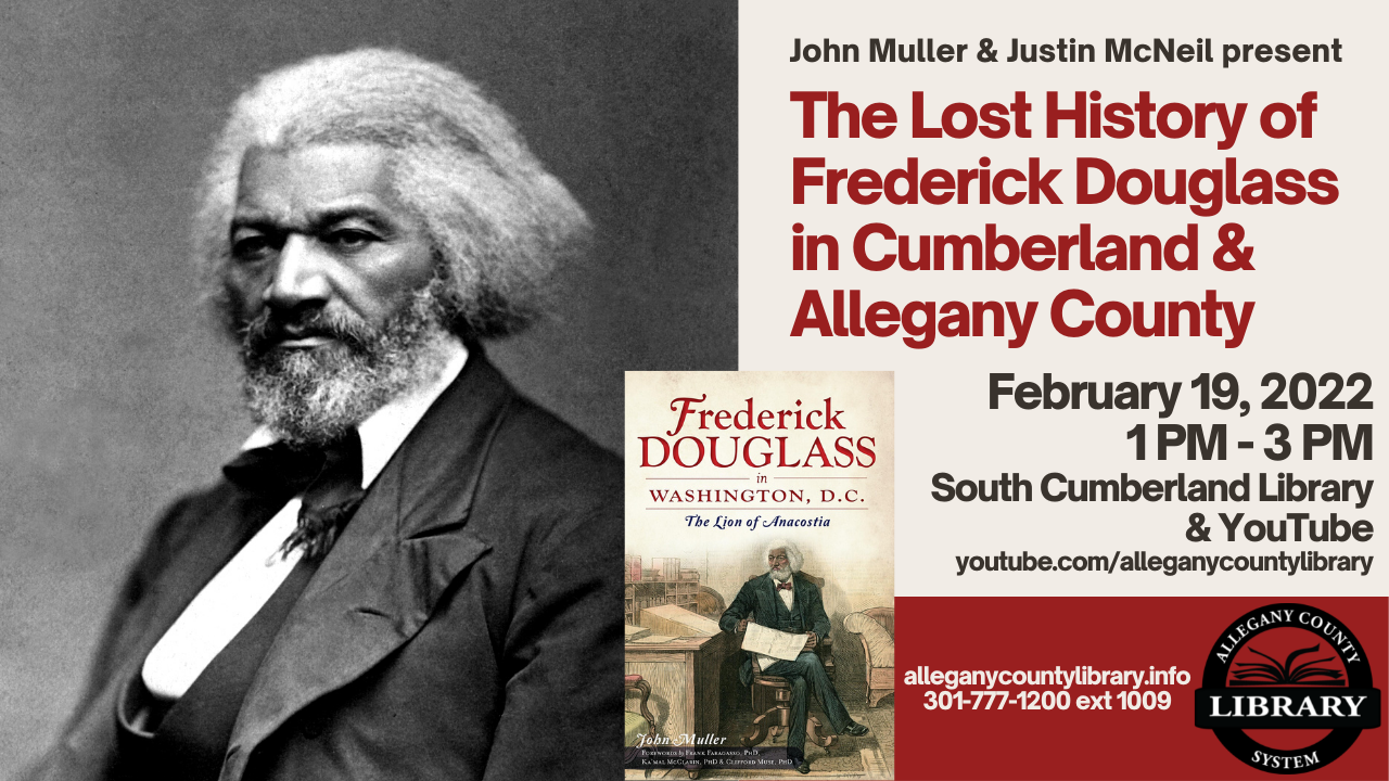 Black and white photo of Frederick Douglass beside event details. 