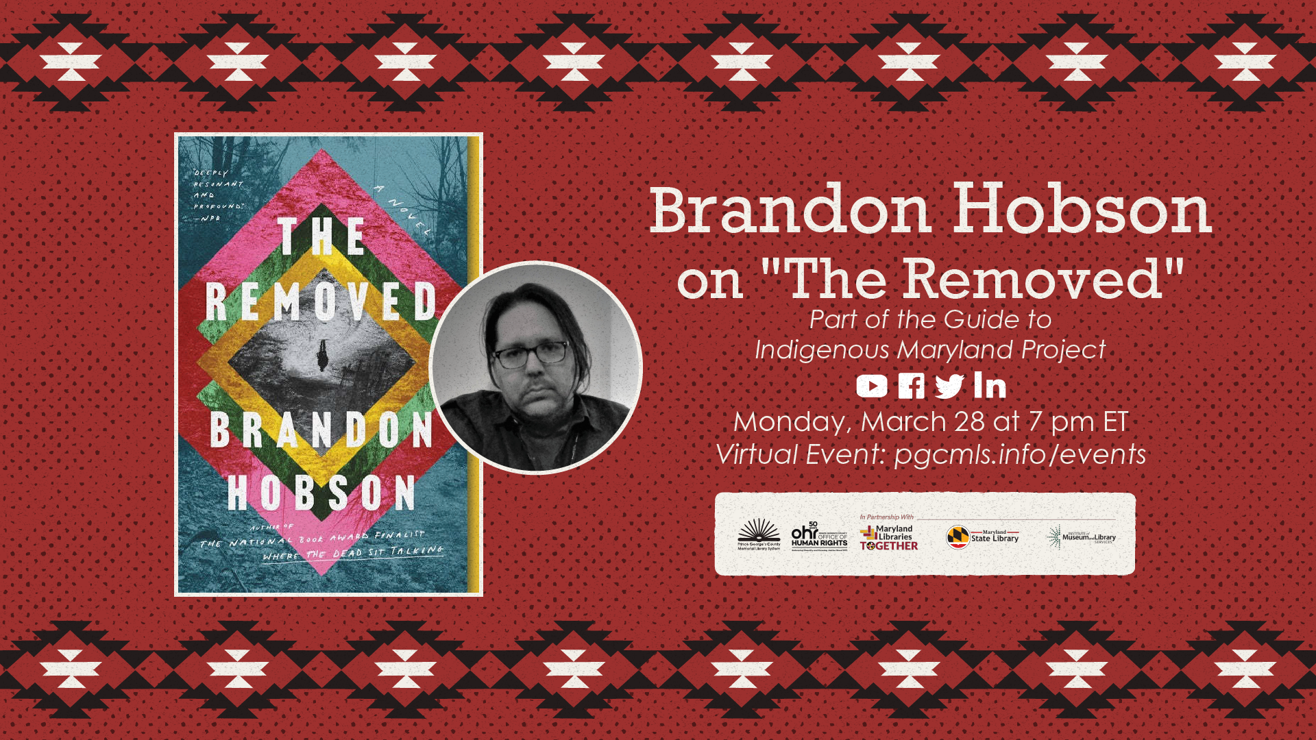 Brandon Hobson on "The Removed" Part of the Guide to Indigenous Maryland Project.  Monday March 28 at 7 PM ET.  The Removed book cover and photo of the author, Brandon Hobson. 