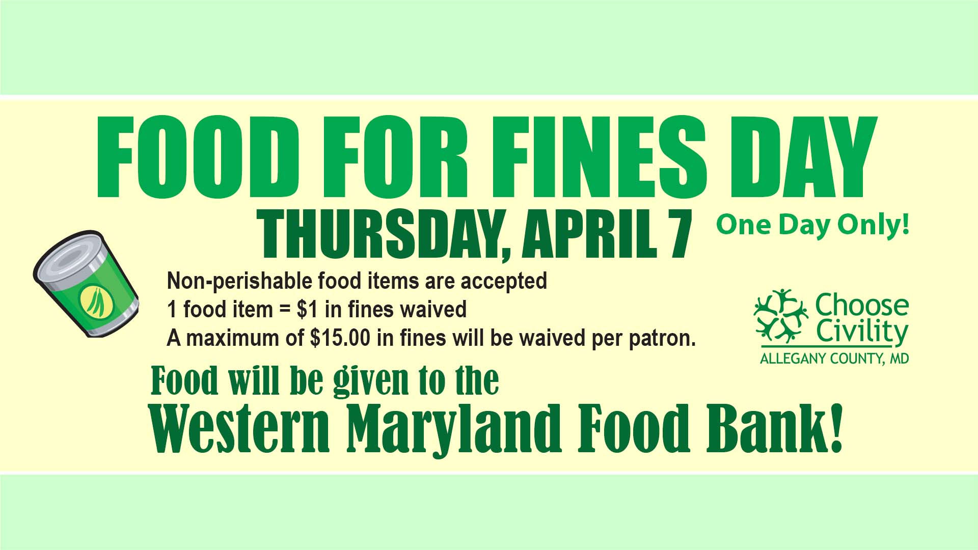food for fines event information, clip art of a canned good, ACLS logo, Choose Civility logo
