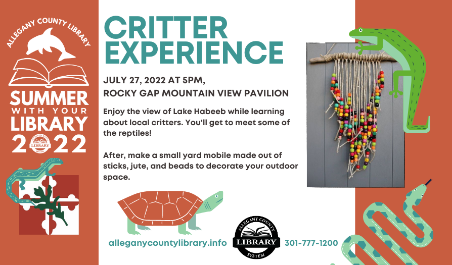 Critter Experience details. Cartoon lizards sit on an image of a outdoor mobile made out of sticks and beads. A cartoon snake in the bottom corner and a turtle walks across the bottom. 