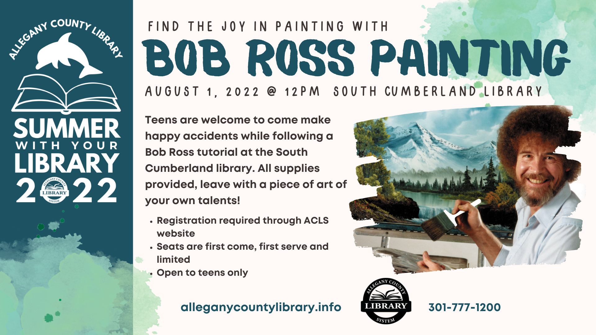 Bob Ross smiling at camera in front of a painted landscape. Event details to the right of him.