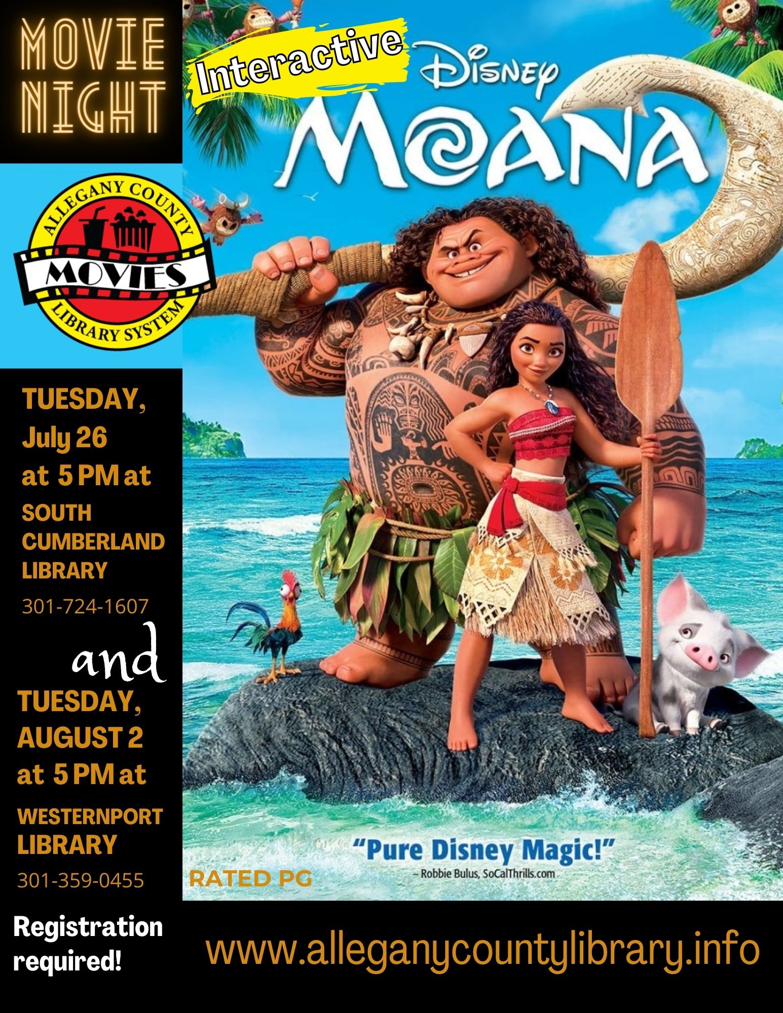 Moana Movie Night at South Cumberland Library flyer