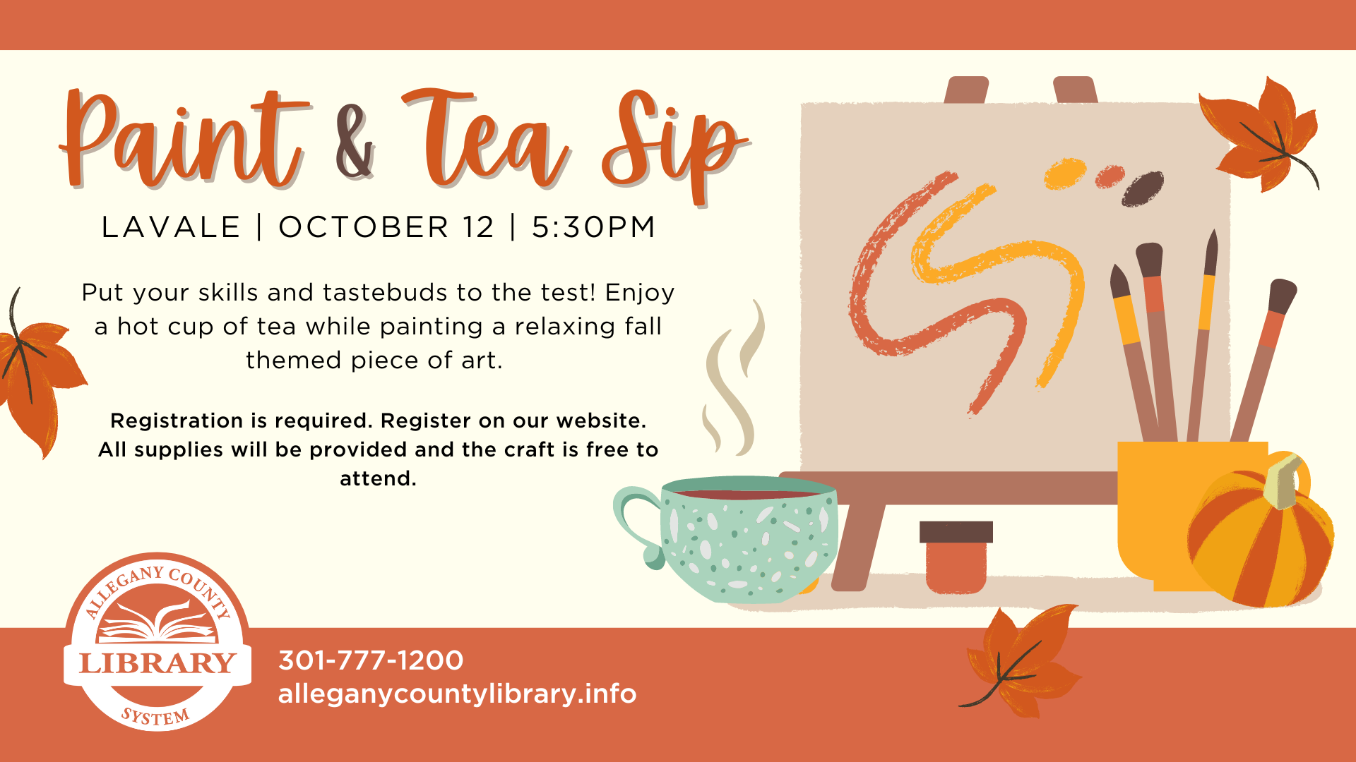 clipart of an easel with a pumpkin, paint brushes, and a steaming cup of tea. event details beside. 