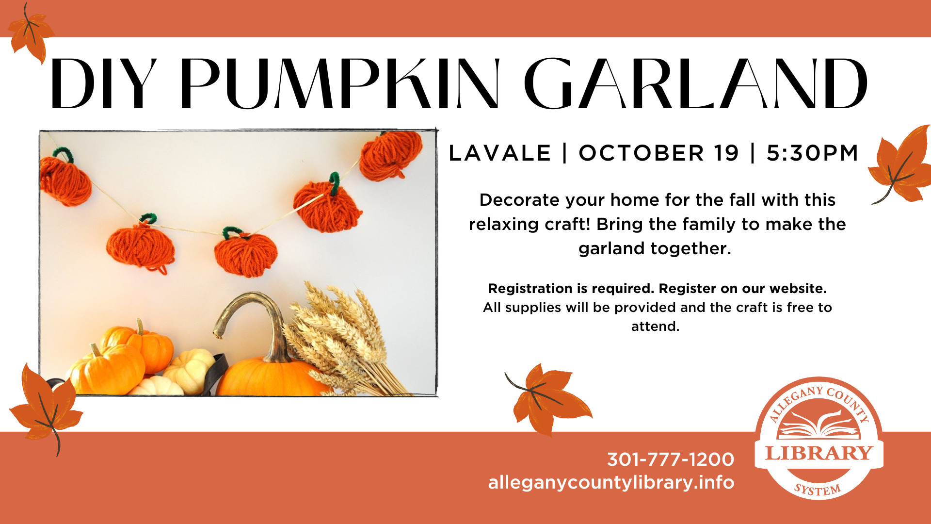 garland with yarn pumpkins on it. event details listed beside.