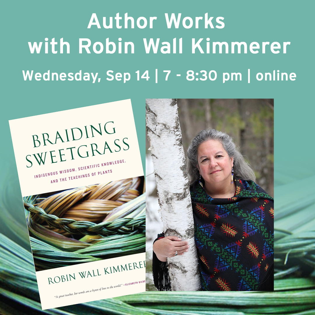 author ribin wall kimmerer next to a birch tree and cover of book braiding sweetgrass