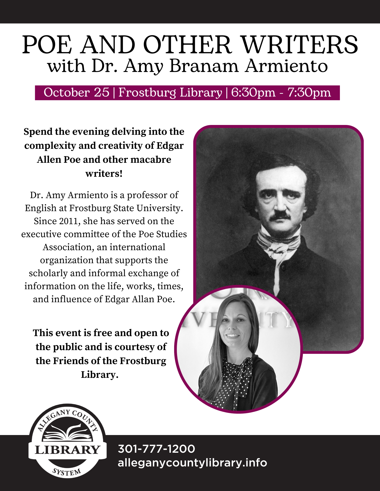 poe and other writers event details with a picture of Edgar Allen Poe and Dr. Armiento