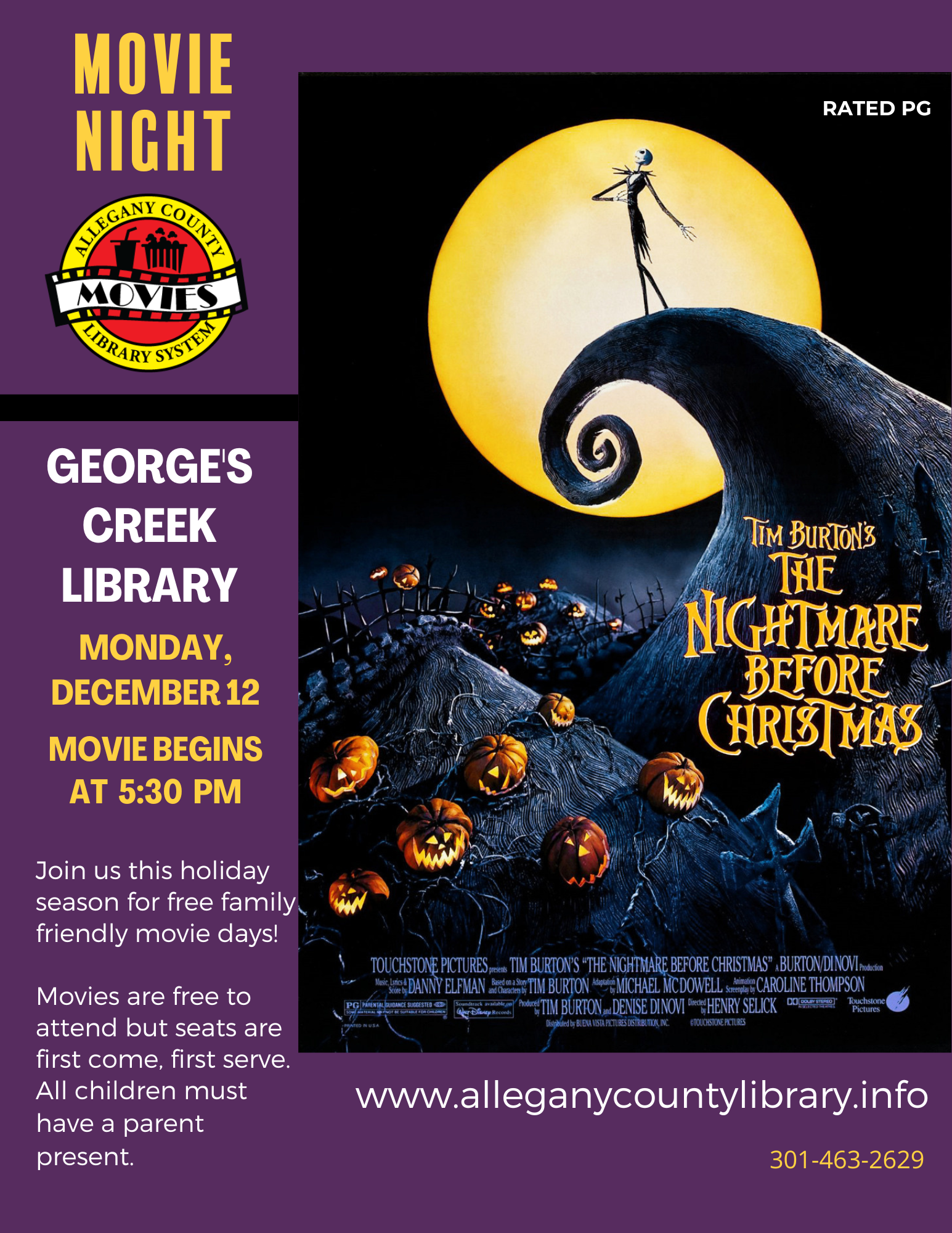 The Nightmare Before Christmas movie cover with event details