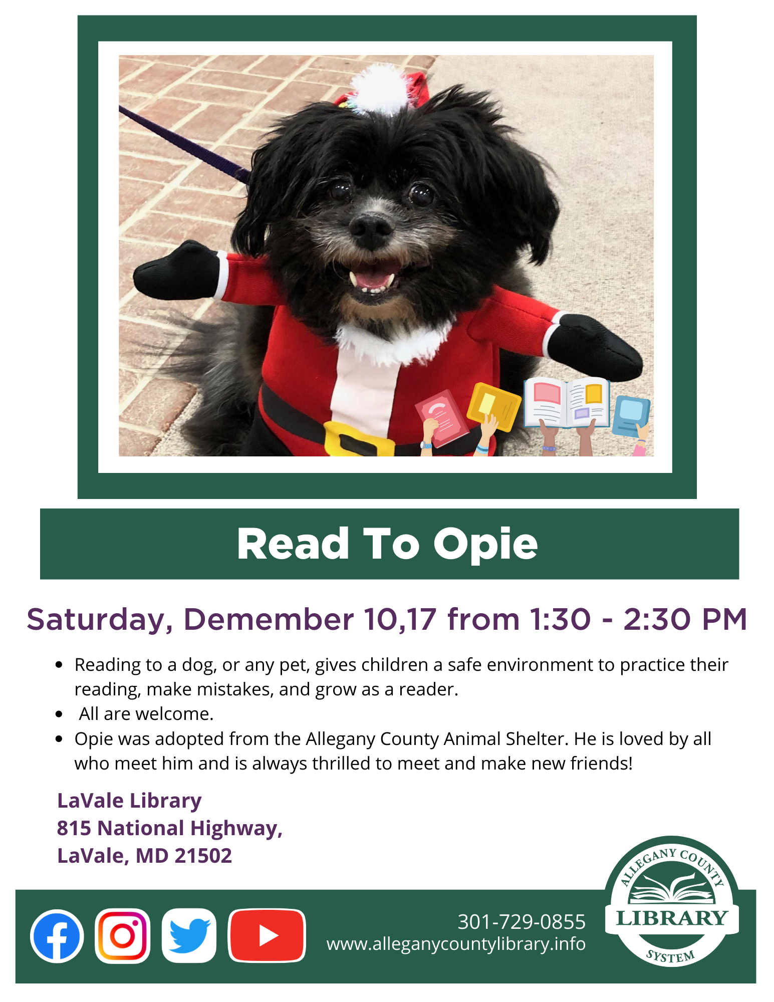 Opie in a Santa costume with event details