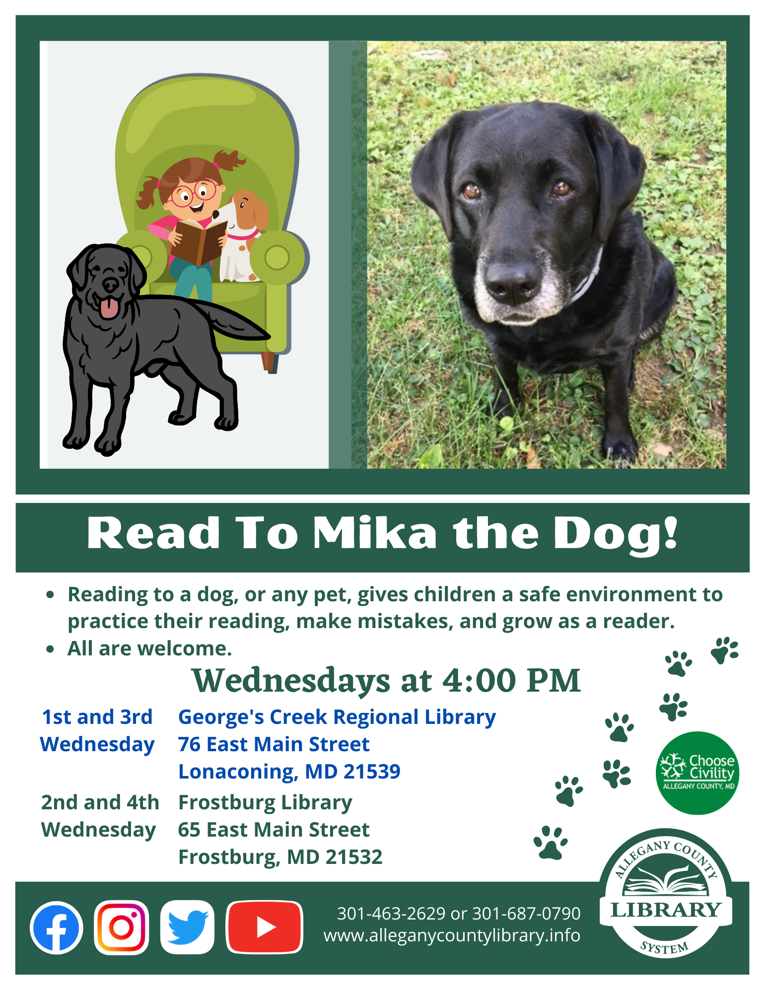 Picture of Mika the black lab with event details