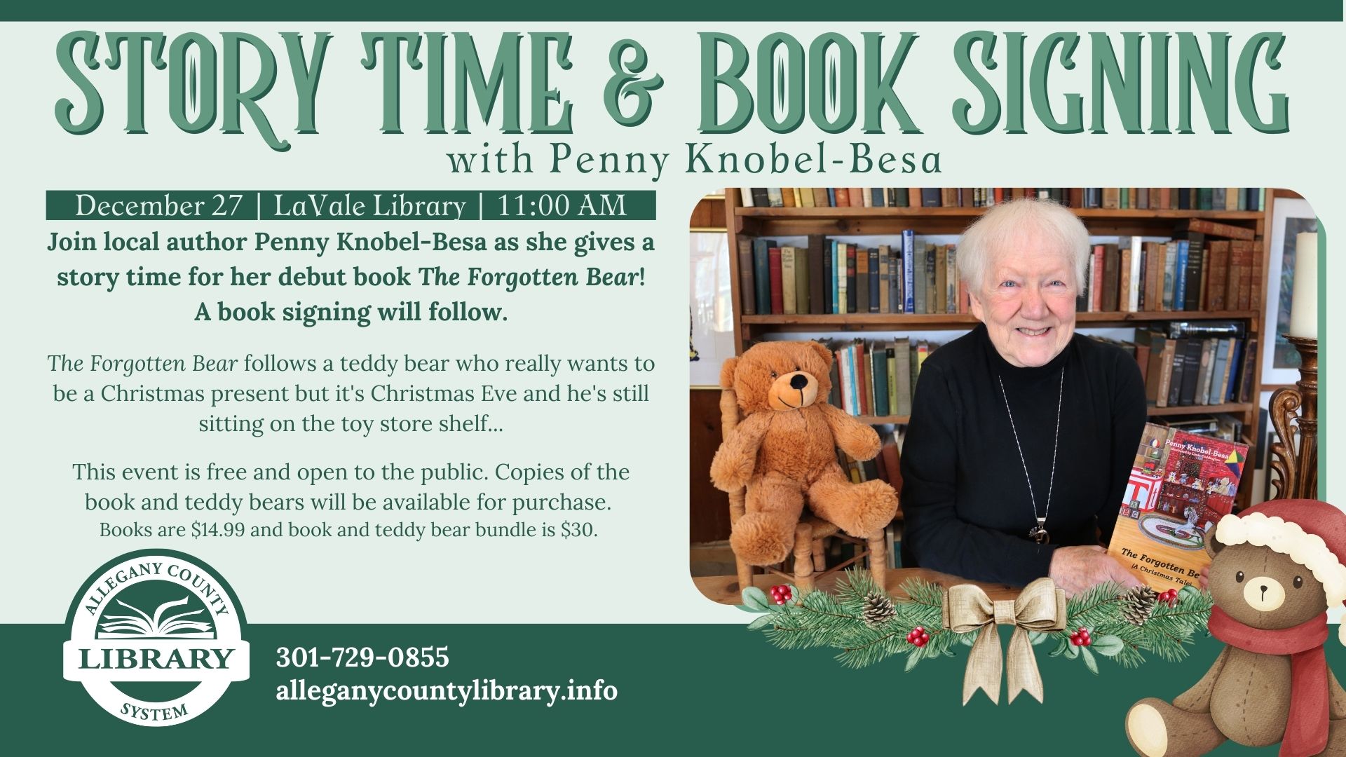 Photo of author with book and teddy bear.  Description of program 