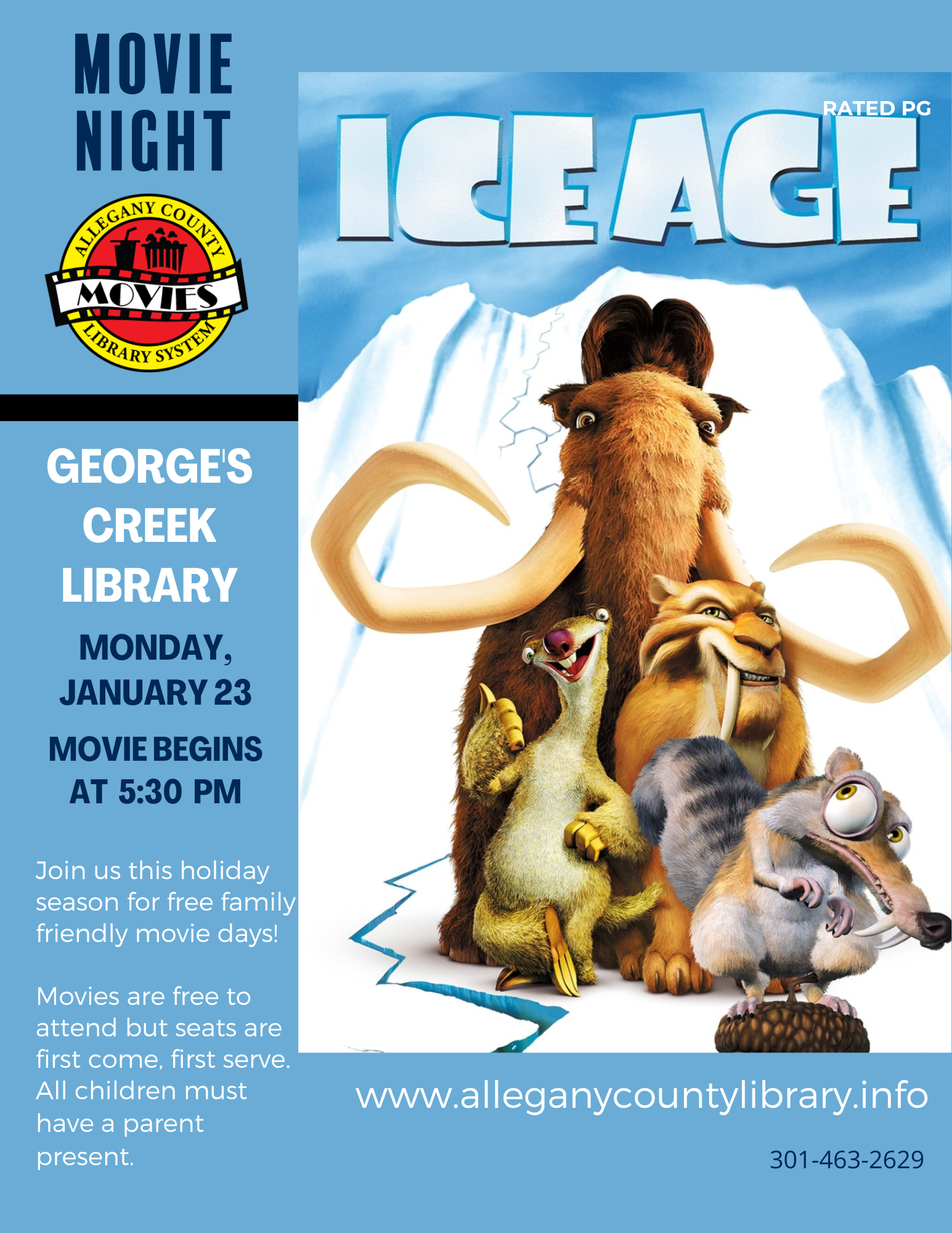 Movie poster and event details for Ice Age