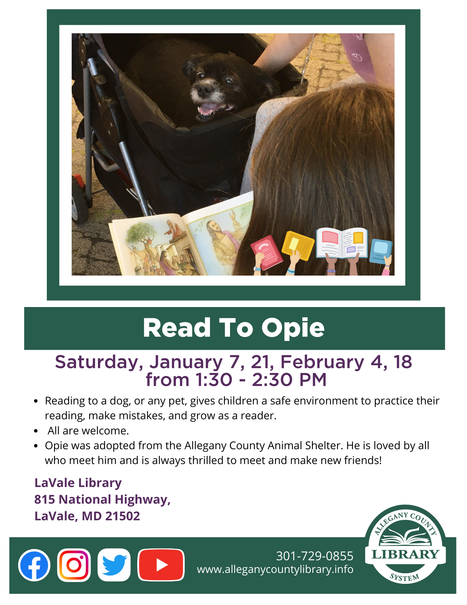 Opie the dog being read to by a child. 