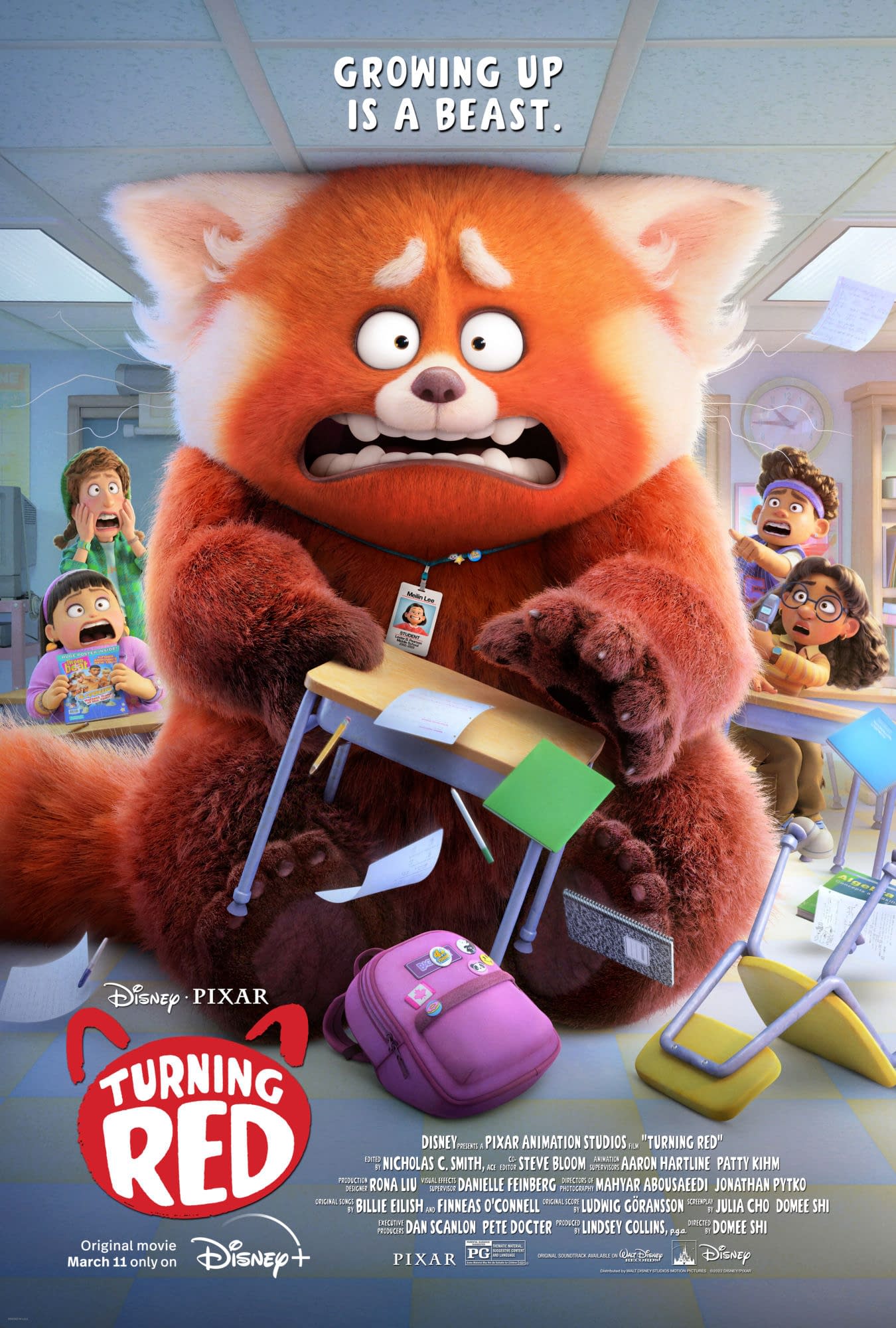 turning red movie cover, giant red panda looking scared