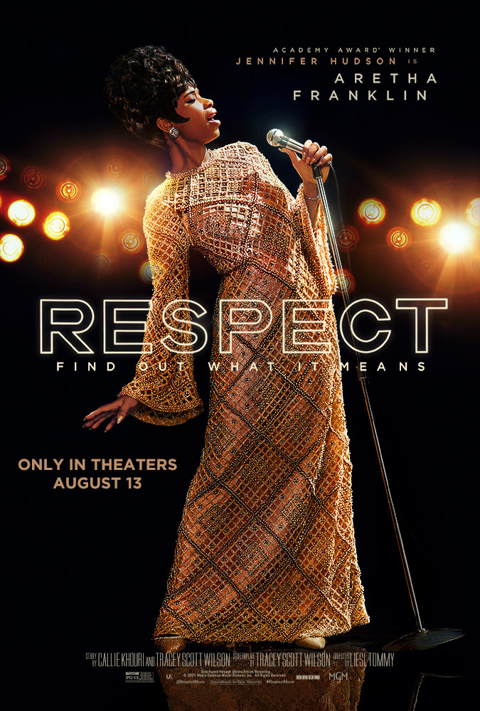 Movie cover of Respect, with Aretha Franklin on the cover in a gold dress