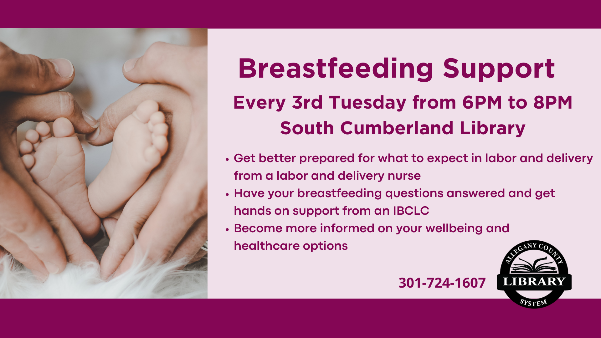 Breastfeeding Support event details, picture to the left of two sets of hands making a heart around baby feet