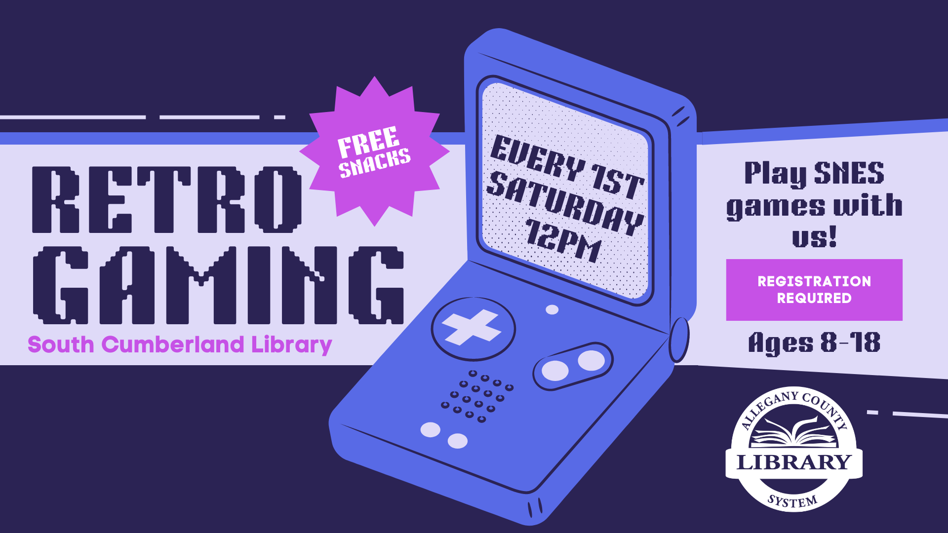 Retro gaming event details with purple gameboy in the center