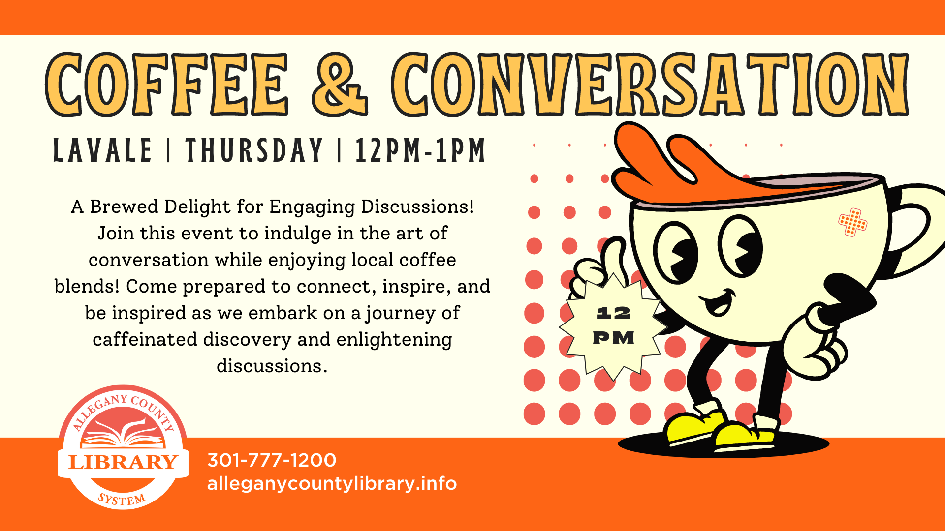Coffee & Conversation event details with cartoon coffee cup smiling