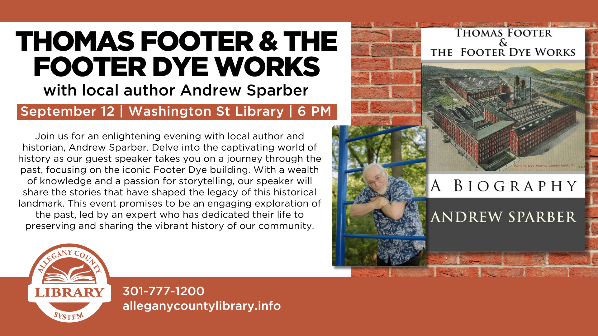 Thomas footer & The Footer dye Works event details with a picture of the book by the same title and picture of the male author, Andrew Sparber