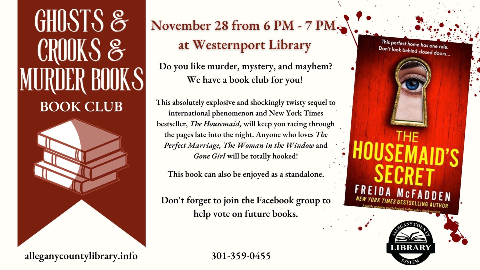 Ghosts, Crooks, and Murderers book club flyer with event details