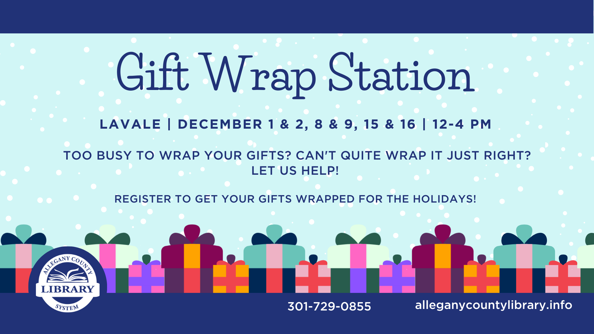 Promotional photo with details regarding the gift wrap station. Cartoon gifts border the bottom of the event details.