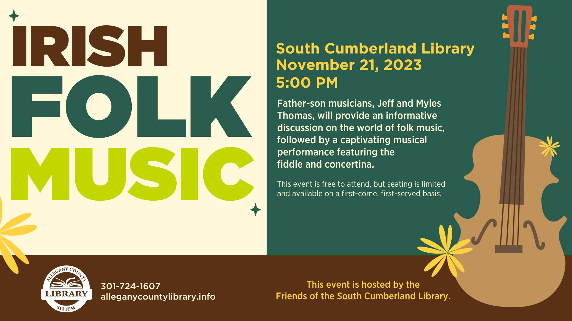 Folk Music Event details with a brown, cartoon fiddle on the right. 