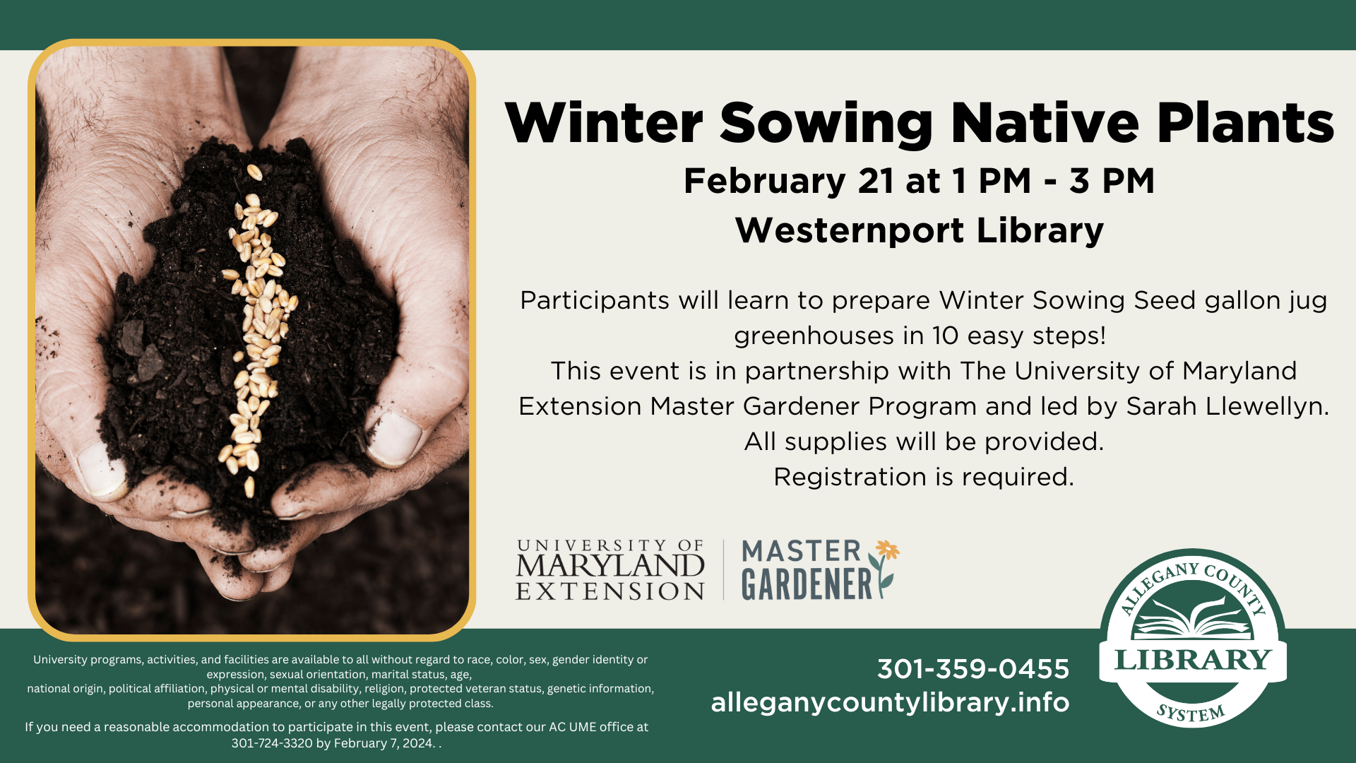 Winter Sowing Plants event details with a picture of someone holding dirt with seeds sprinkled in