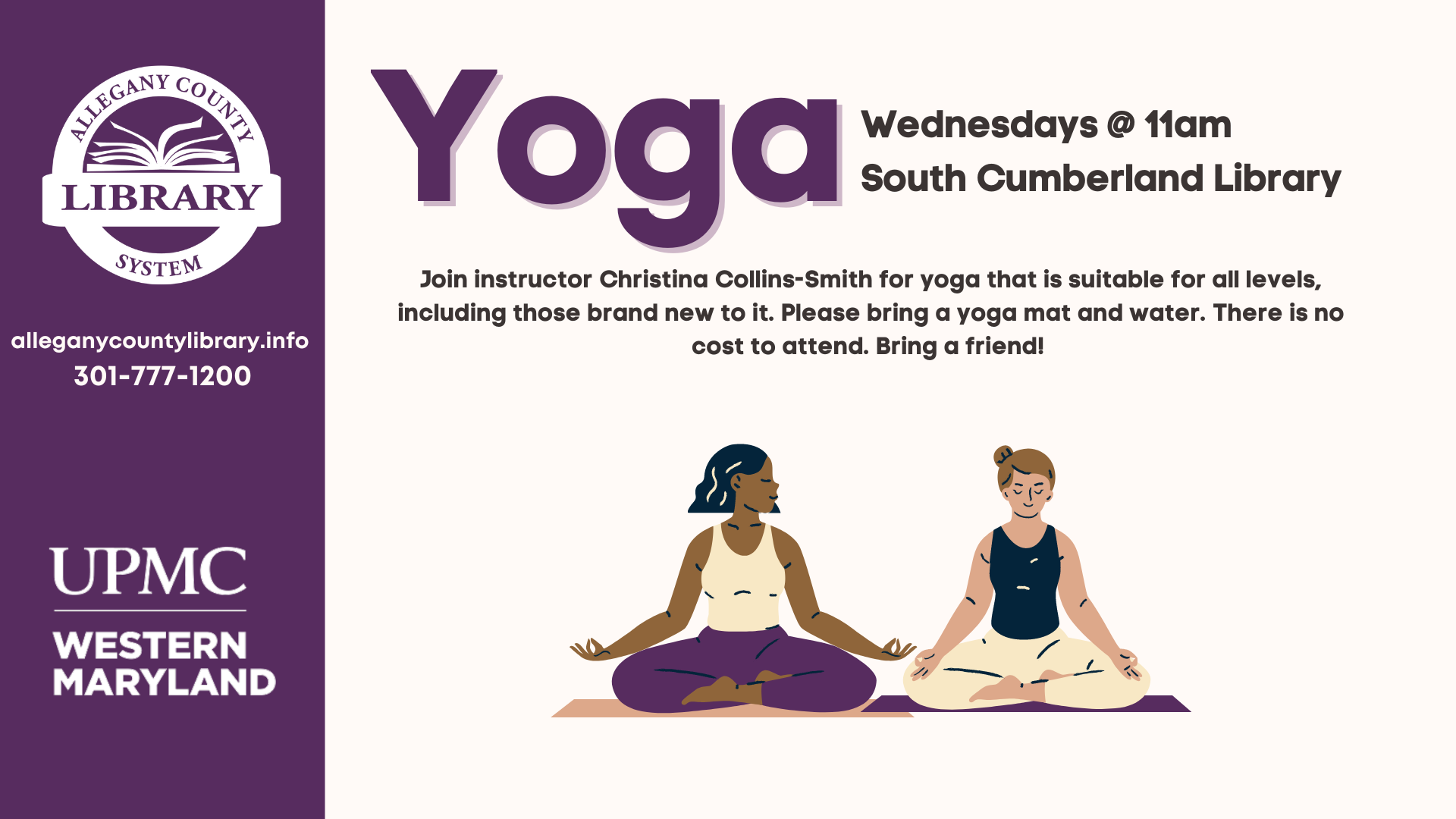 yoga event details with two cartoon women sitting on yoga mats