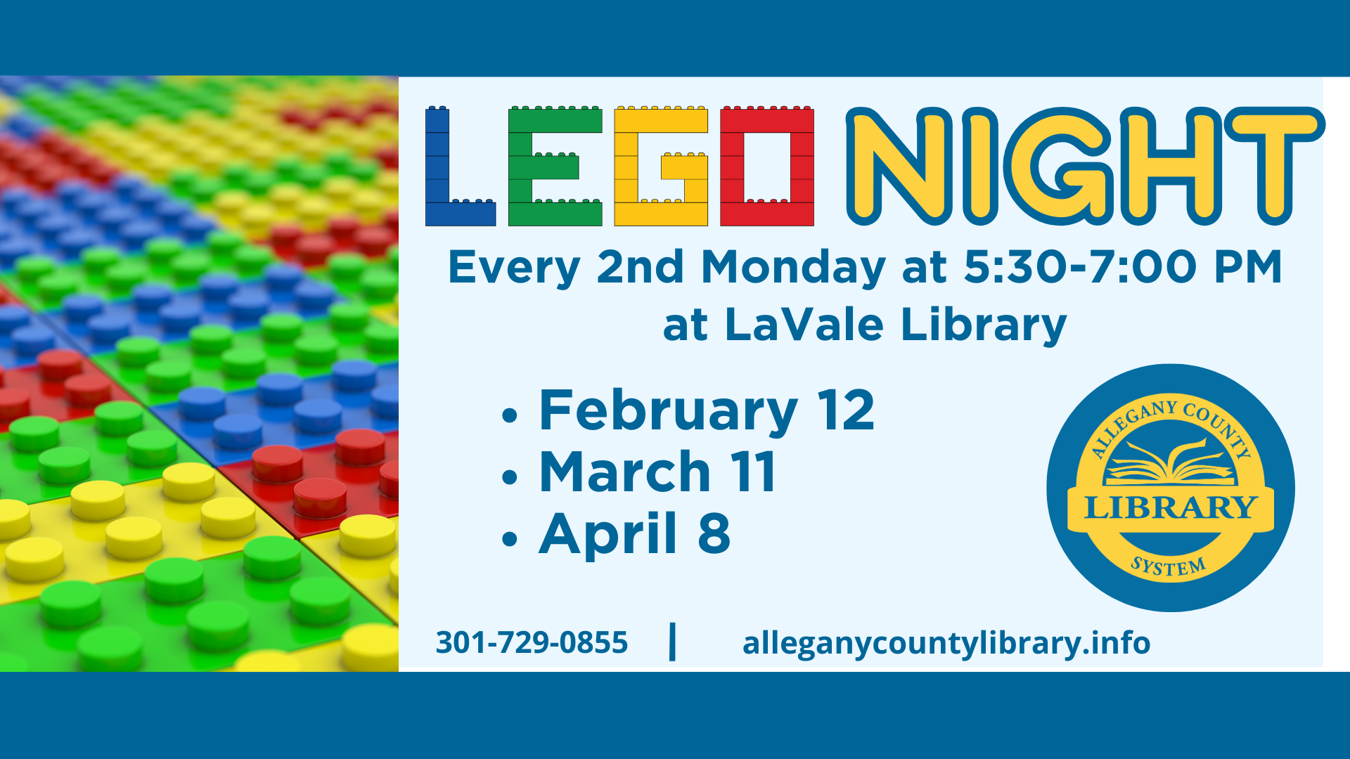 LEGO night flyer with dates and library logo
