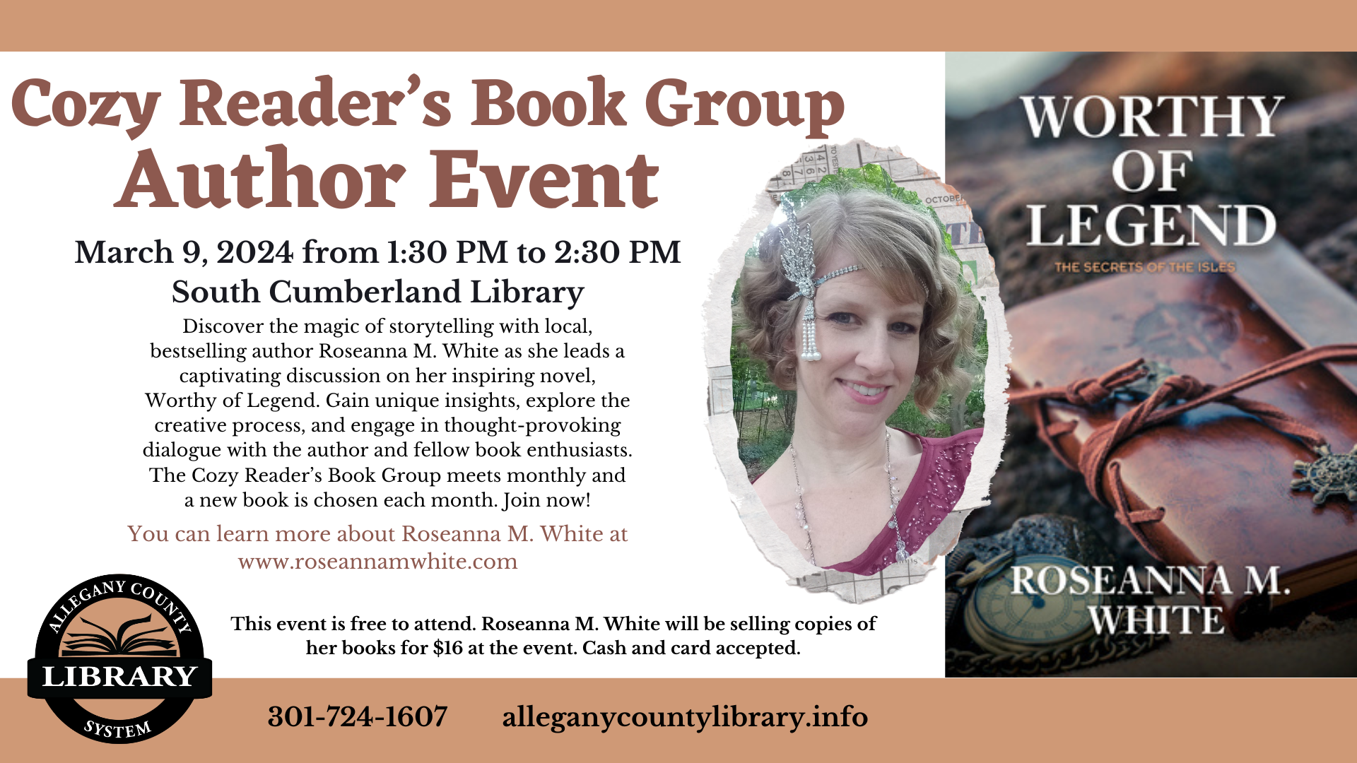 Photo of author and book beside event details