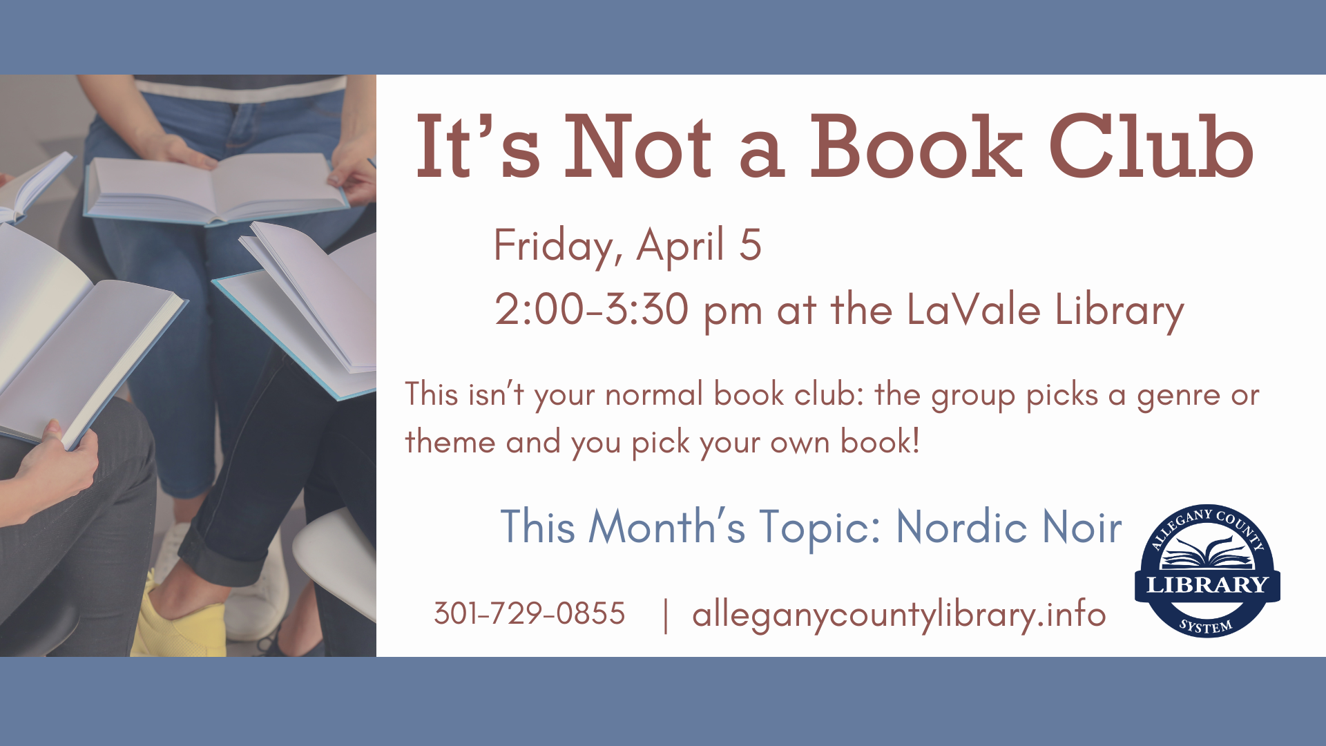 It's Not A Book Club event details with photo of hands holding books in a circle