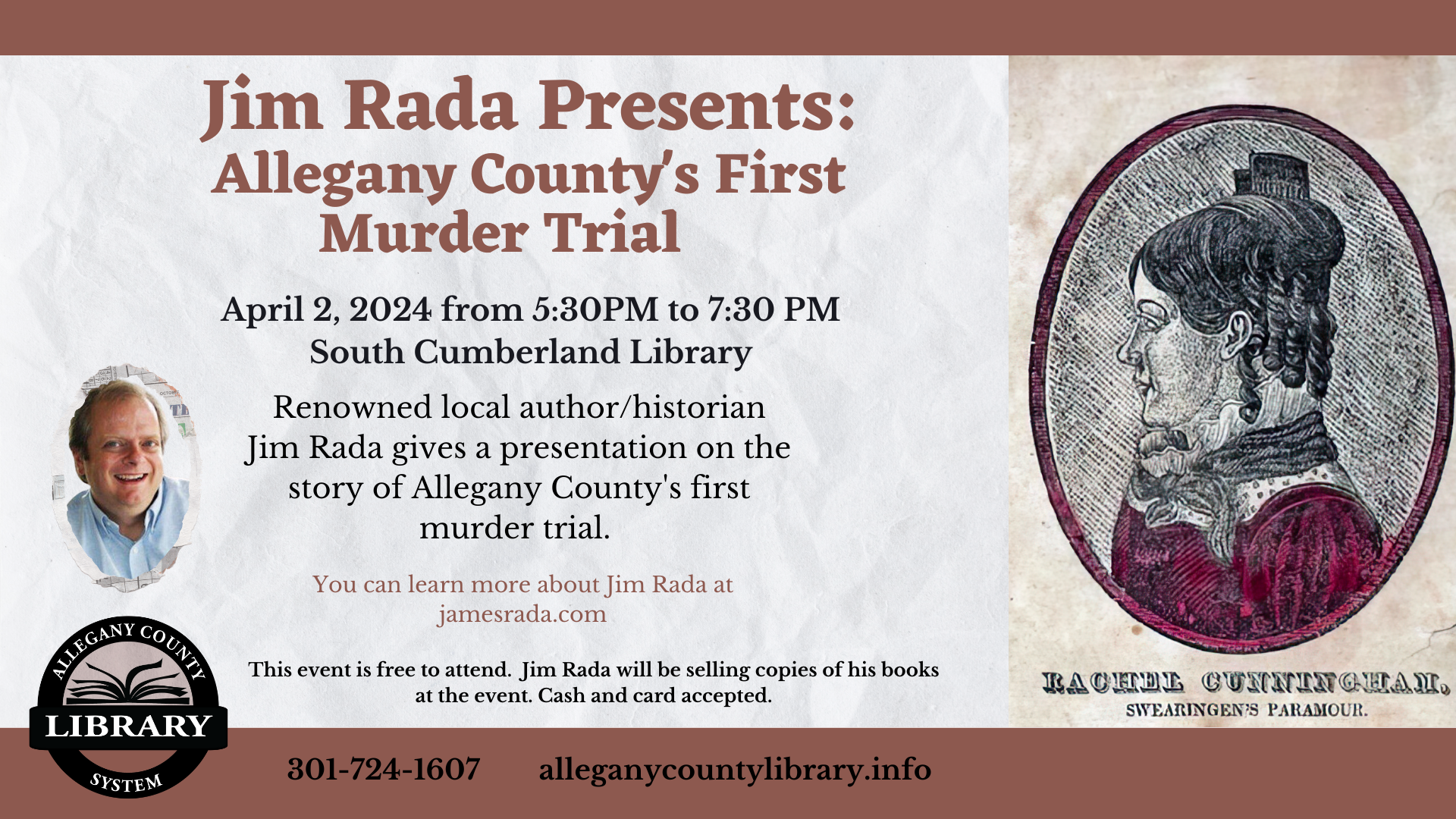 Jim Rada Presents: Allegany County's First Murder Trial - historical discussion at South Cumberland Library 4.2.24 - flyer