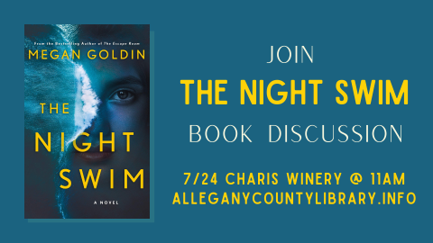 The cover of The Night Swim by Megan Goldin which has half a woman's face in blue with blue waves on the other half. Yellow text with title beside cover. 