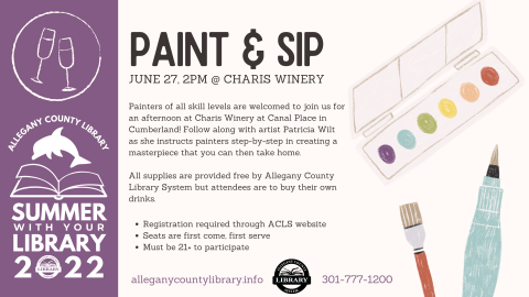 Purple left side with Summer With Your Library logo (dolphin over a book), Paint and Sip event details to right. 