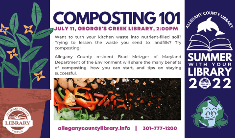 Composting 101 event details, on the left is a cartoon plant, middle image has fruits spread over dirt as composting