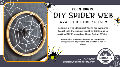Picture of embroidery loom with yarn to make spider web with fake spider in the middle. Event details beside. 