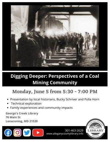 Perspectives of coal mining community flyer.  Photo of a line of coal miners coming form a mine shaft