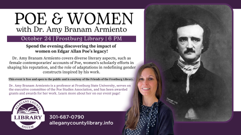 poe and women event details with black and white picture of Edgar Allan Poe and one of Dr. Armiento